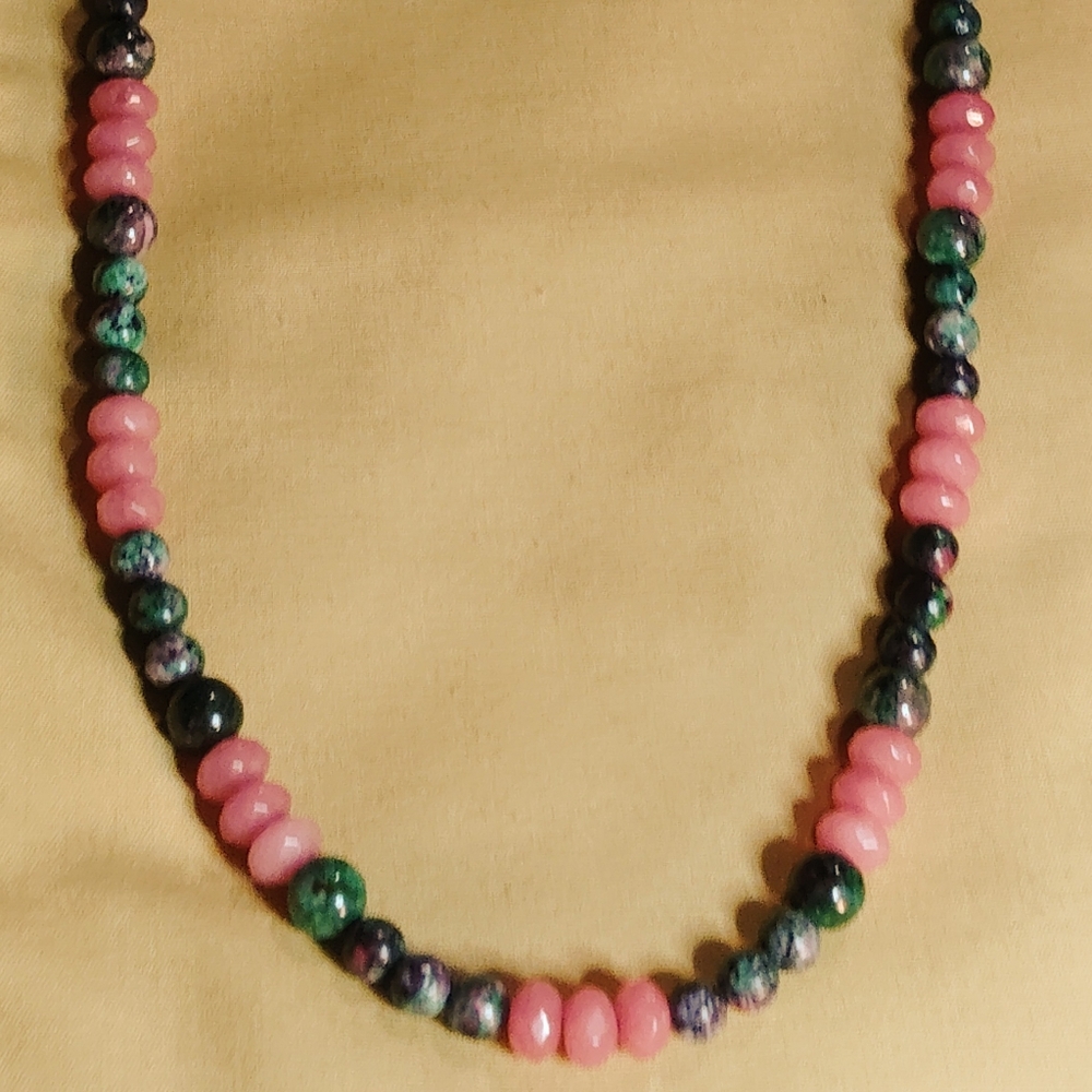 🔥GORGEOUS, RUBY ZOISITE, PINK RHODONITE & STERLING SILVER. 22"-BEADED NECKLACE.